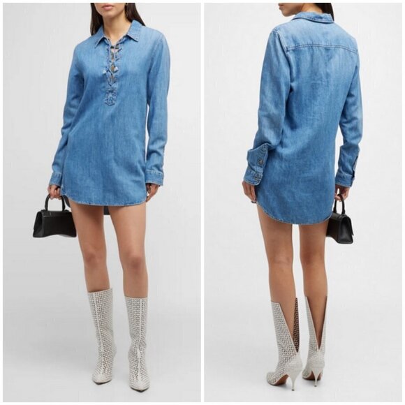 💕MOTHER💕 The Lace Up Shirt Dress ~ Salt And Lime Blue Denim Large L NWOT - Picture 6 of 16